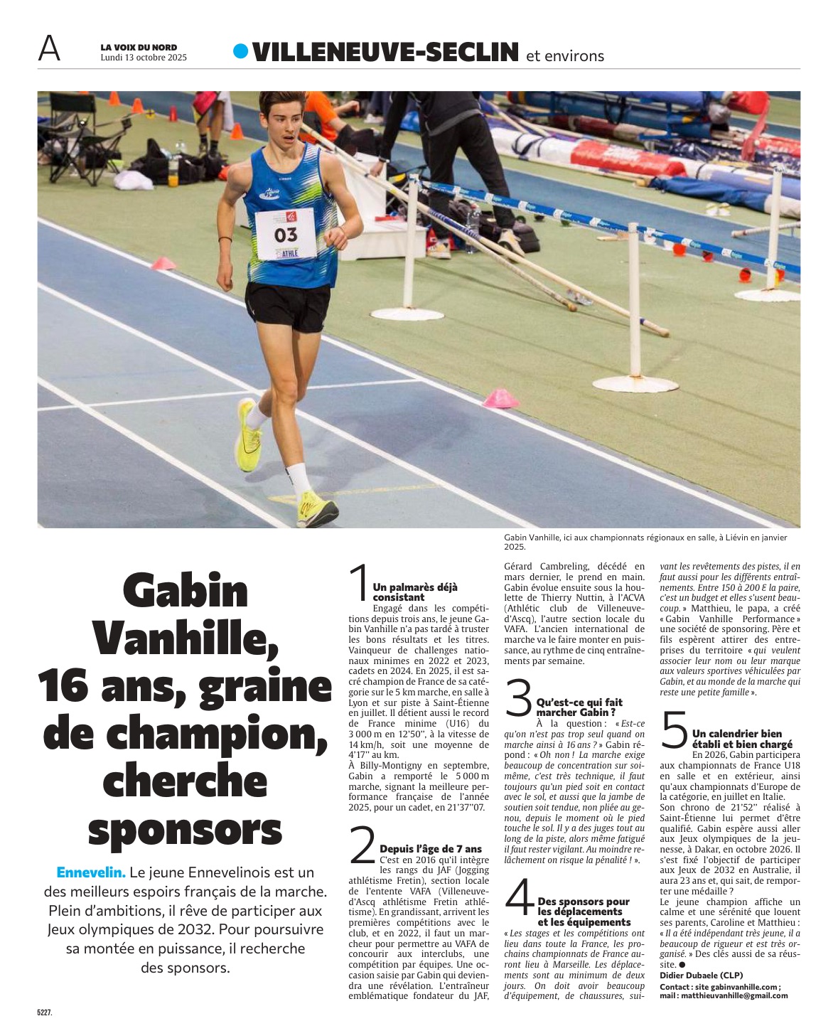 Article La Voix du Nord - Gabin Vanhille, graine de champion - octobre 2025